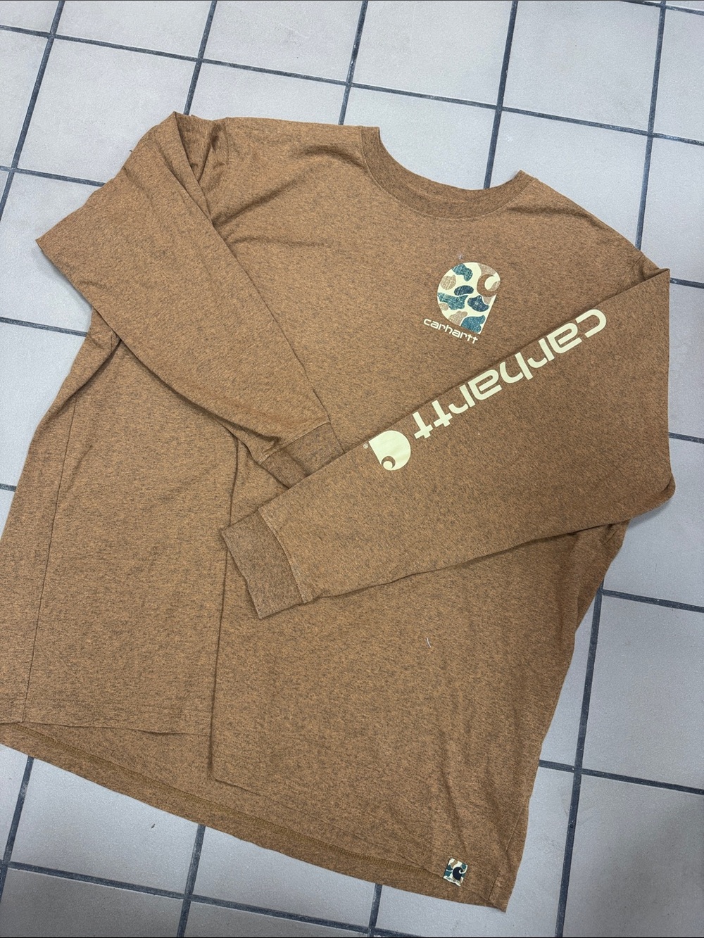 Carhartt Heather Brown Long Sleeve Logo Tee with Cream Print